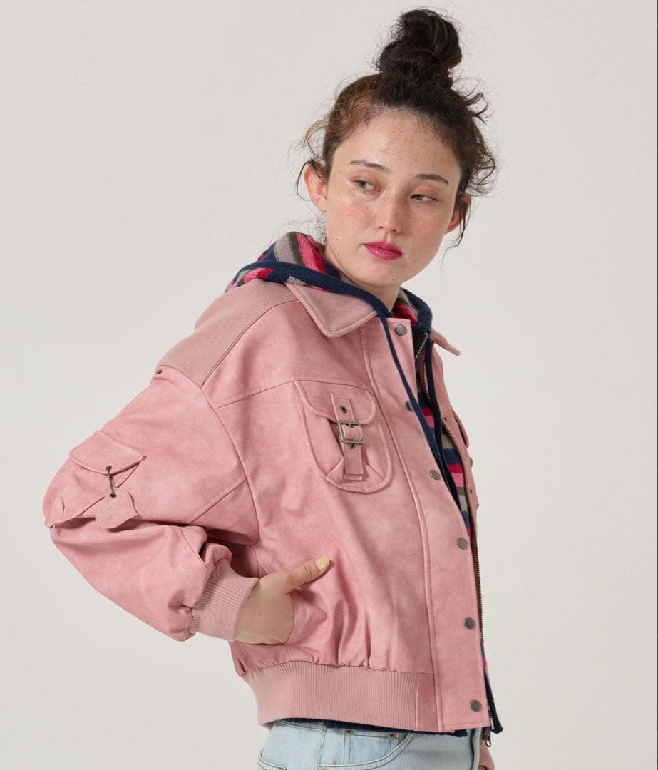 リブ ドッキング フェイクレザーブルゾン TINA：JOJUN