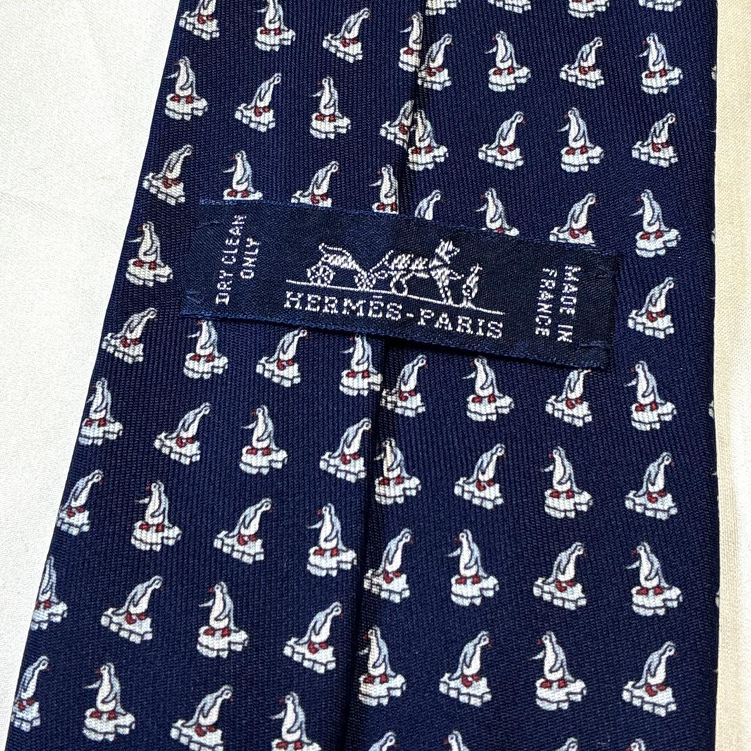 ◆HERMES エルメス ネクタイ 美品 ペンギン 総柄 ネイビー シルク