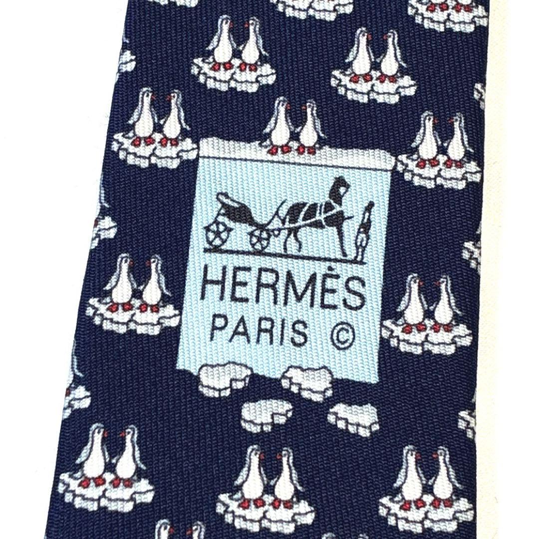 ◆HERMES エルメス ネクタイ 美品 ペンギン 総柄 ネイビー シルク