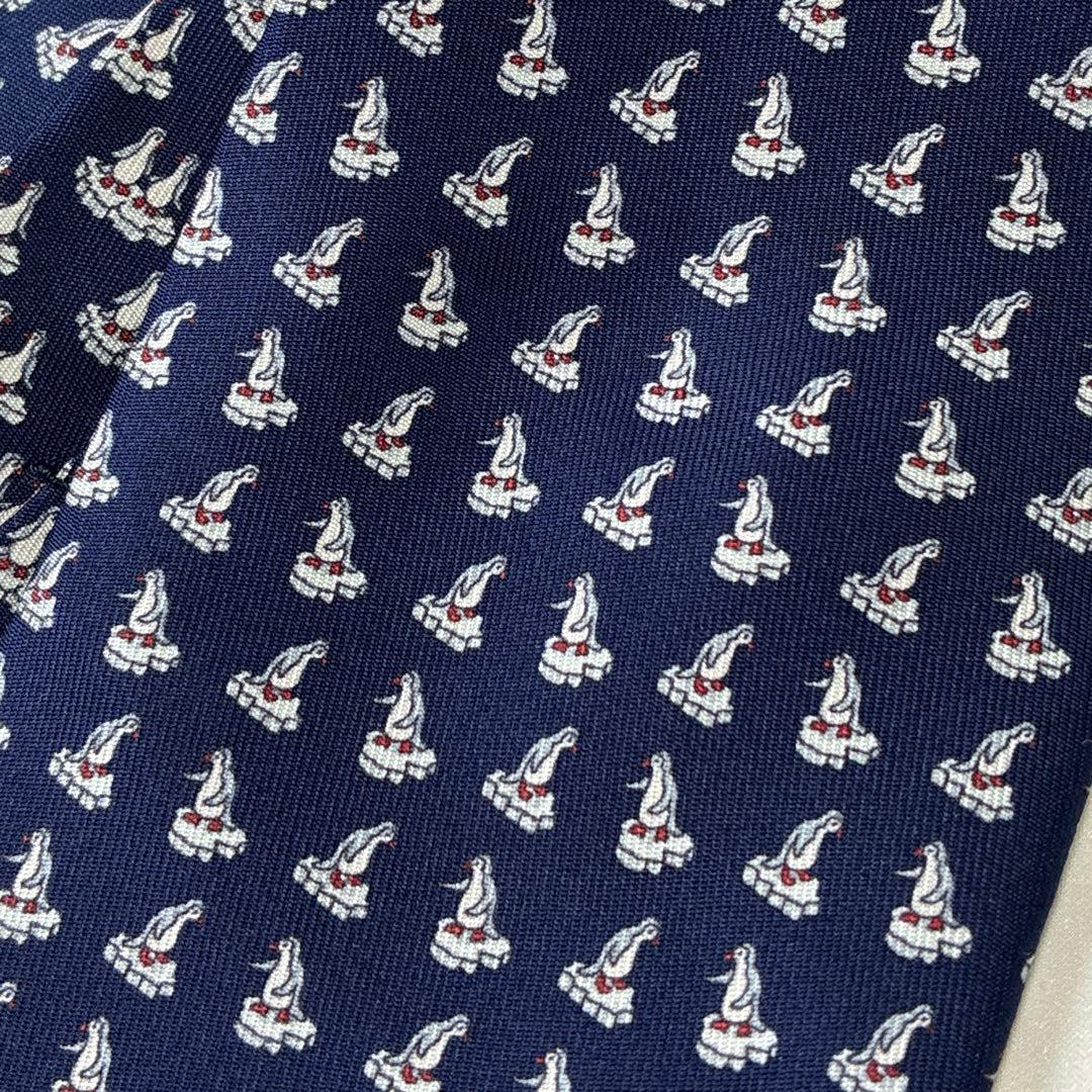 ◆HERMES エルメス ネクタイ 美品 ペンギン 総柄 ネイビー シルク