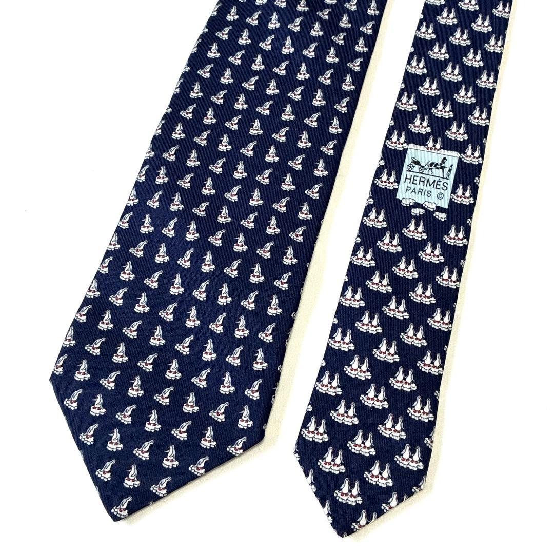 ◆HERMES エルメス ネクタイ 美品 ペンギン 総柄 ネイビー シルク