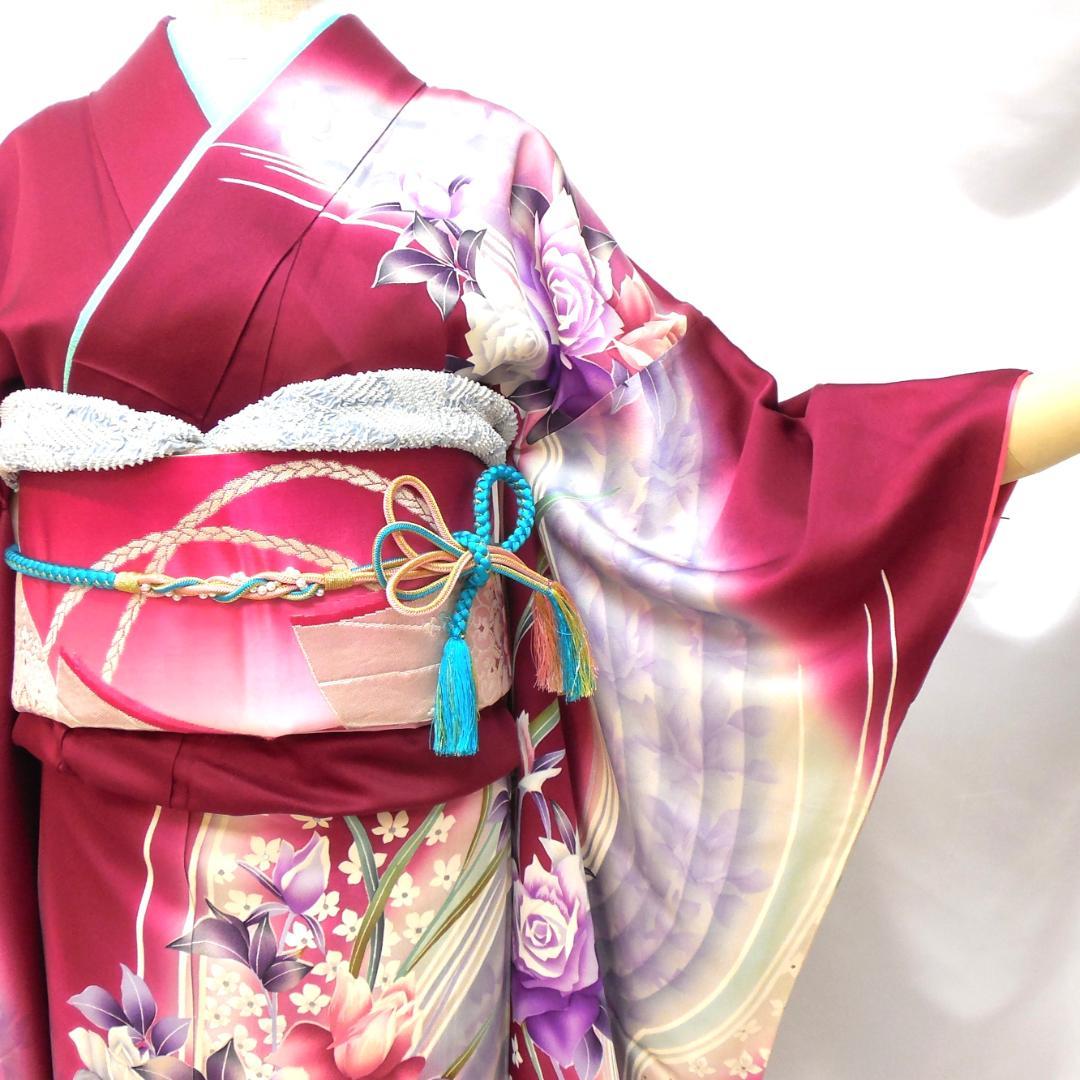 美品★振袖フルセット　正絹　成人式　振袖　7点セット　Mサイズ　レッド系　花柄