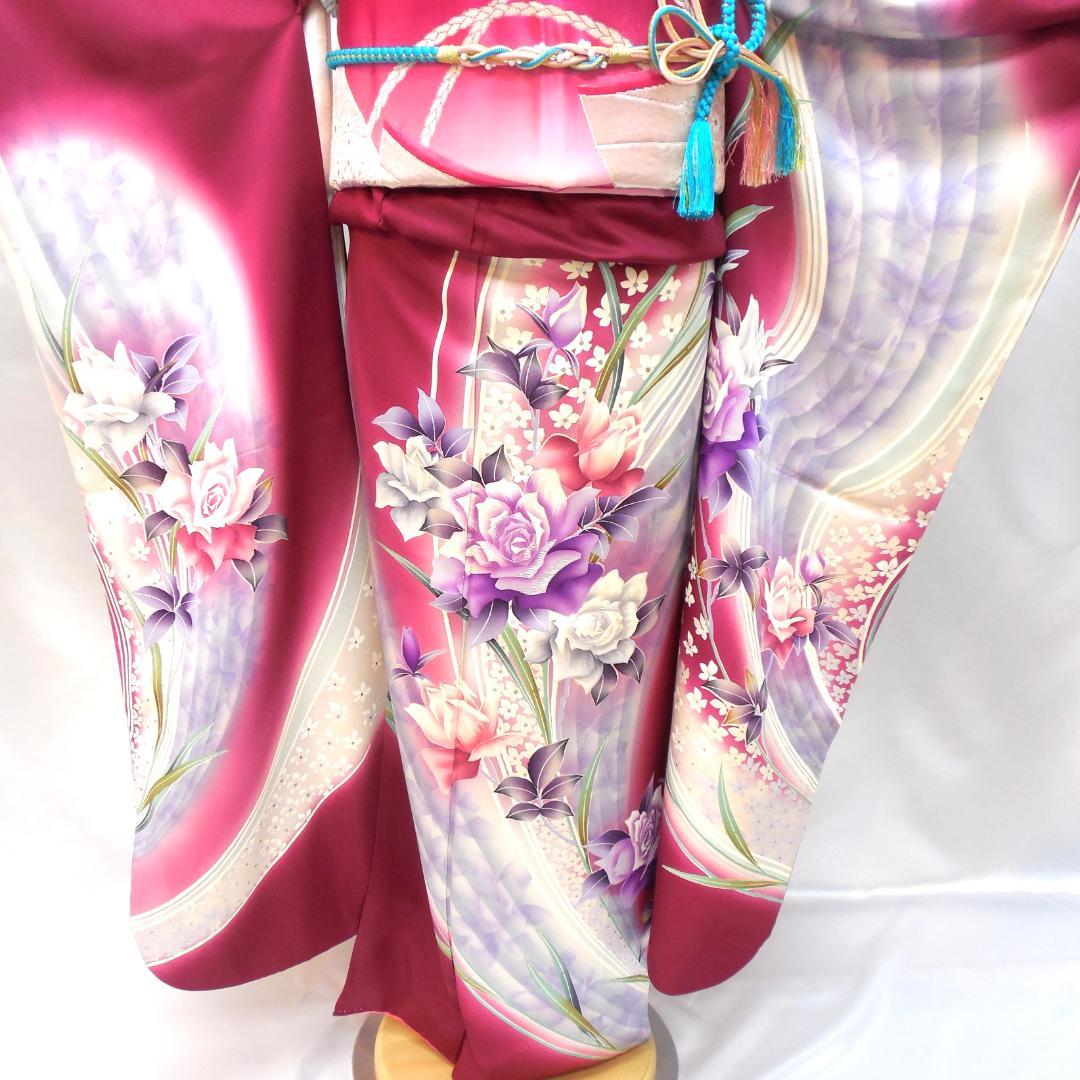 美品★振袖フルセット　正絹　成人式　振袖　7点セット　Mサイズ　レッド系　花柄