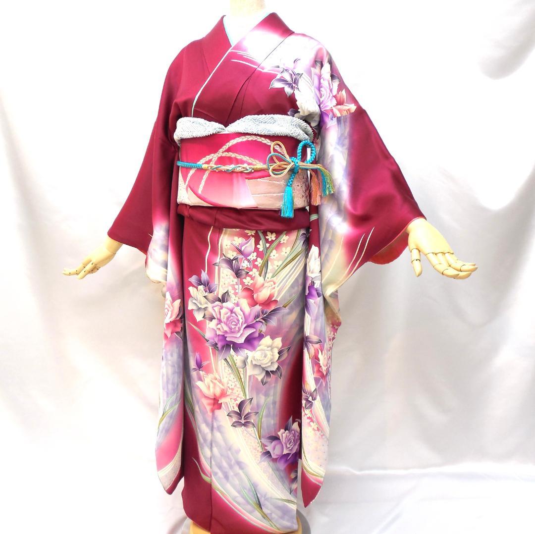 美品★振袖フルセット　正絹　成人式　振袖　7点セット　Mサイズ　レッド系　花柄