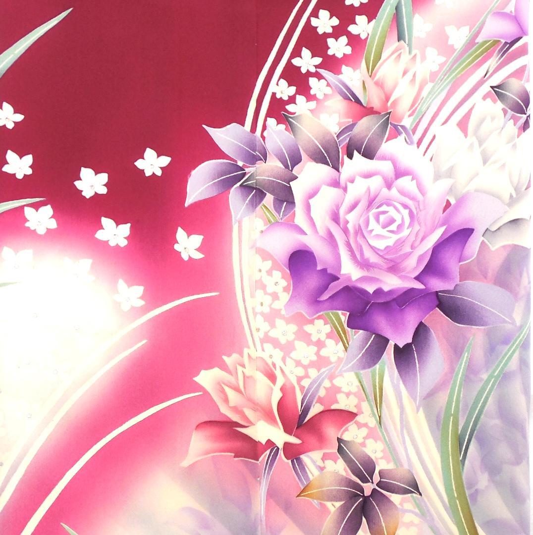 美品★振袖フルセット　正絹　成人式　振袖　7点セット　Mサイズ　レッド系　花柄