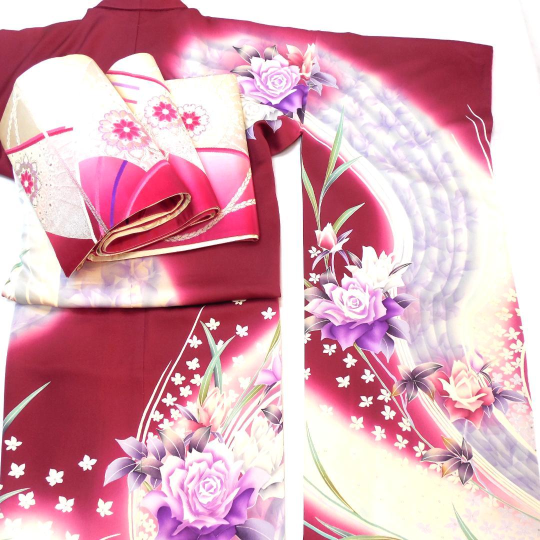 美品★振袖フルセット　正絹　成人式　振袖　7点セット　Mサイズ　レッド系　花柄