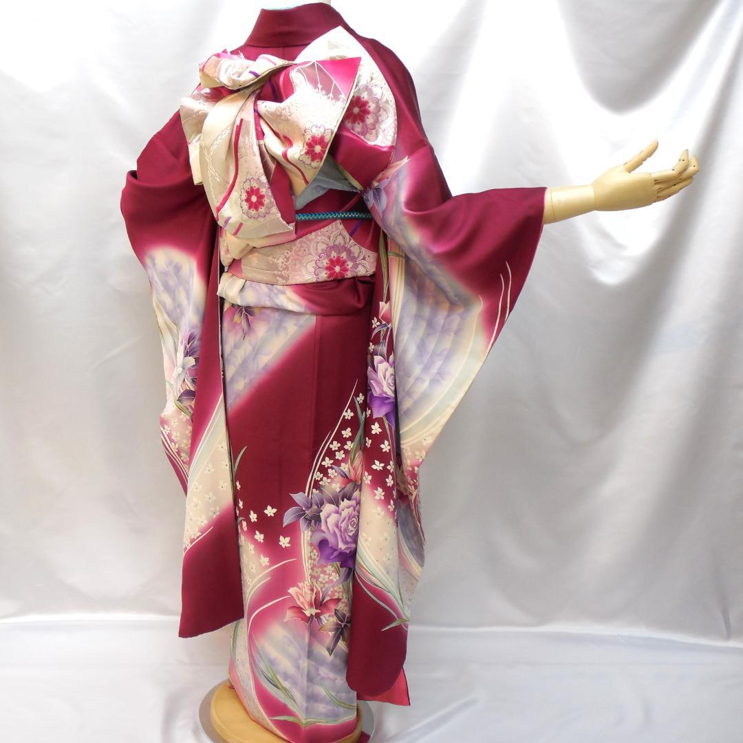 美品★振袖フルセット　正絹　成人式　振袖　7点セット　Mサイズ　レッド系　花柄