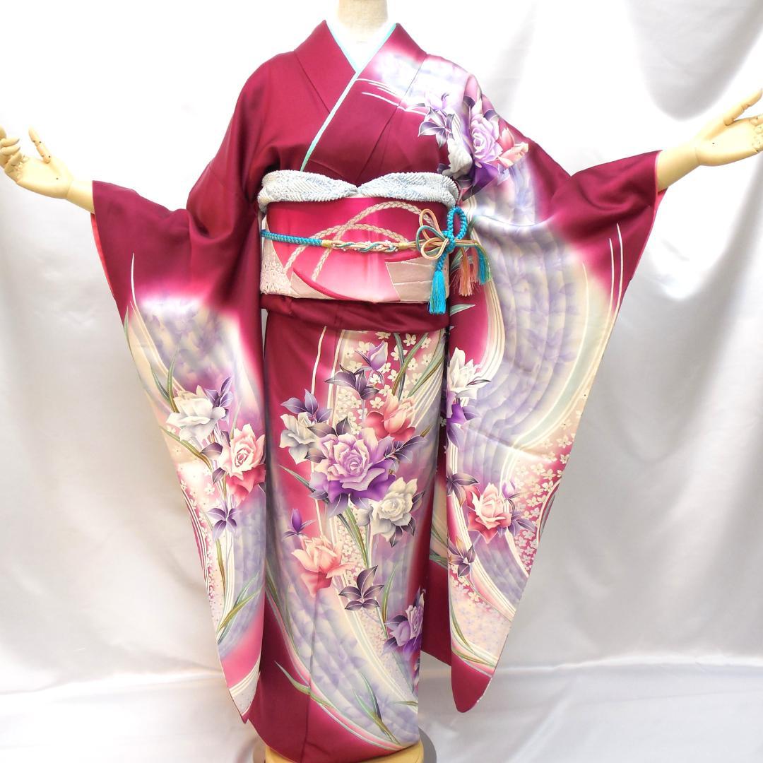 美品★振袖フルセット　正絹　成人式　振袖　7点セット　Mサイズ　レッド系　花柄