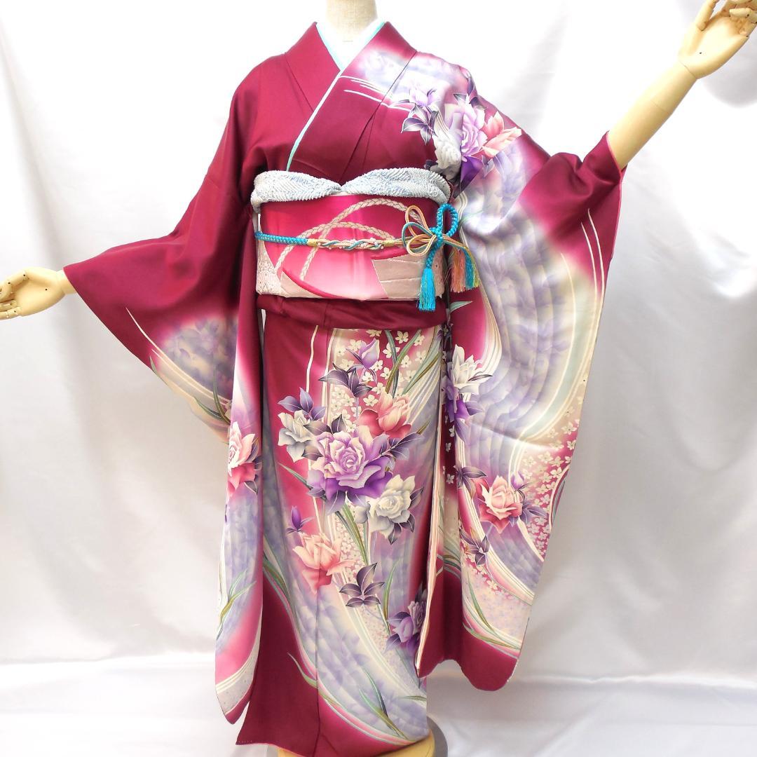 美品★振袖フルセット　正絹　成人式　振袖　7点セット　Mサイズ　レッド系　花柄