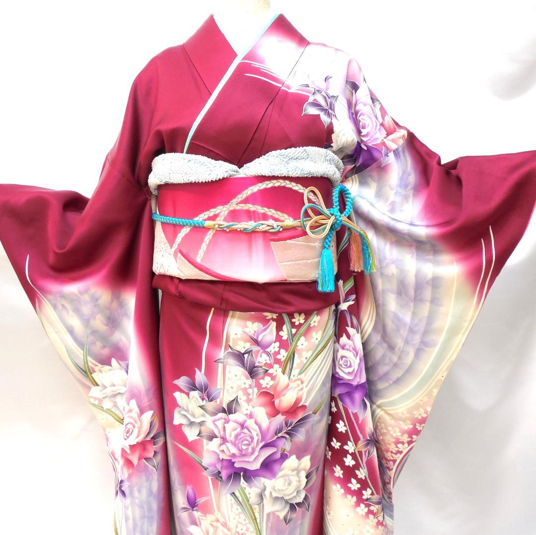 美品★振袖フルセット　正絹　成人式　振袖　7点セット　Mサイズ　レッド系　花柄