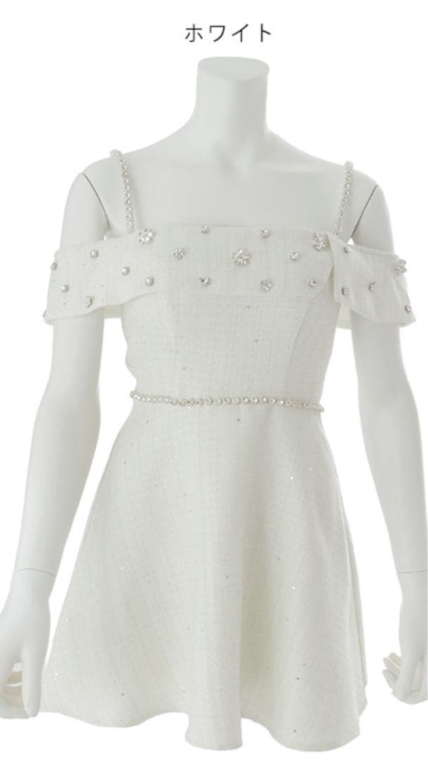 Jewelsオフショルダー ビジュー付き ホワイトドレス