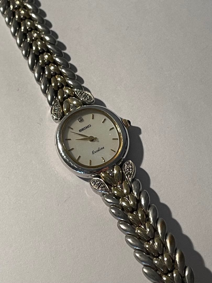 SEIKO エクセリーヌ　腕時計　コンビ　シェル盤　1Pダイヤ　ダイヤベルト