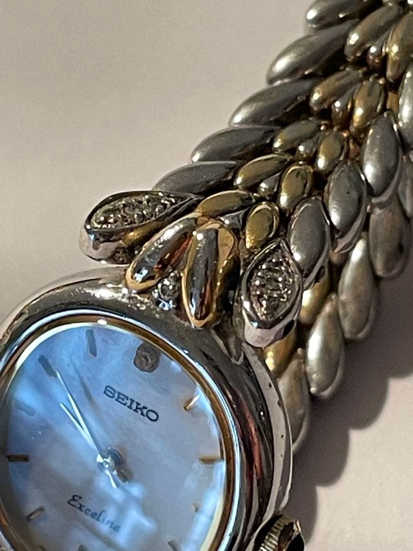 SEIKO エクセリーヌ　腕時計　コンビ　シェル盤　1Pダイヤ　ダイヤベルト