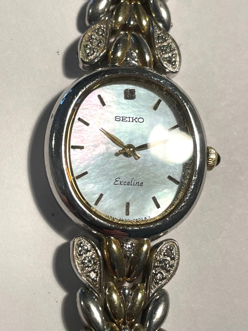 SEIKO エクセリーヌ　腕時計　コンビ　シェル盤　1Pダイヤ　ダイヤベルト
