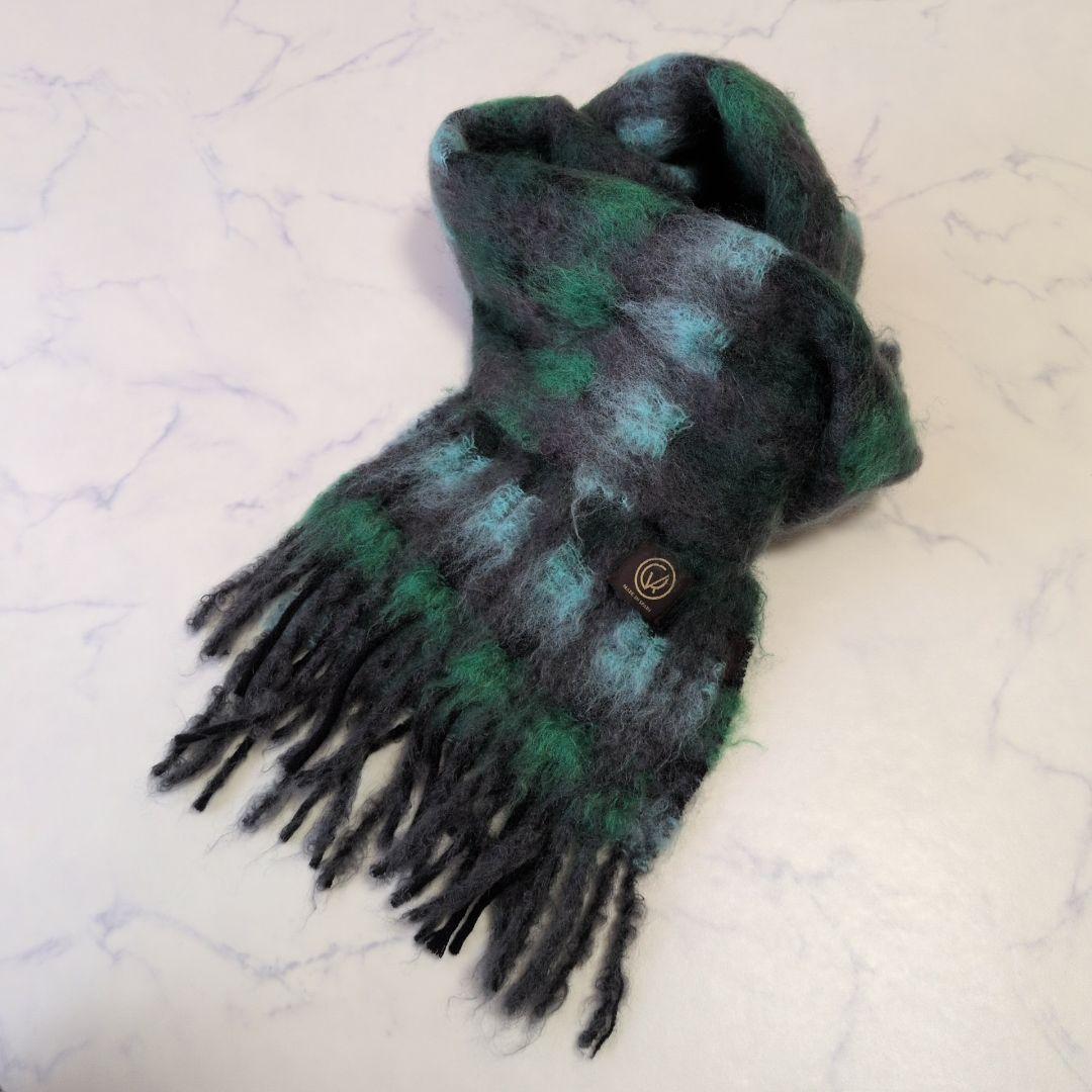 美品 マンタスエスカレイ チェック マフラー チェック グリーン ウール モヘア