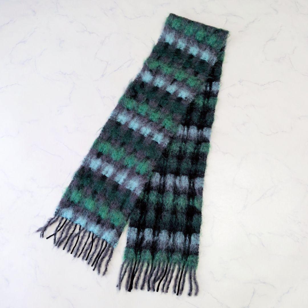 美品 マンタスエスカレイ チェック マフラー チェック グリーン ウール モヘア