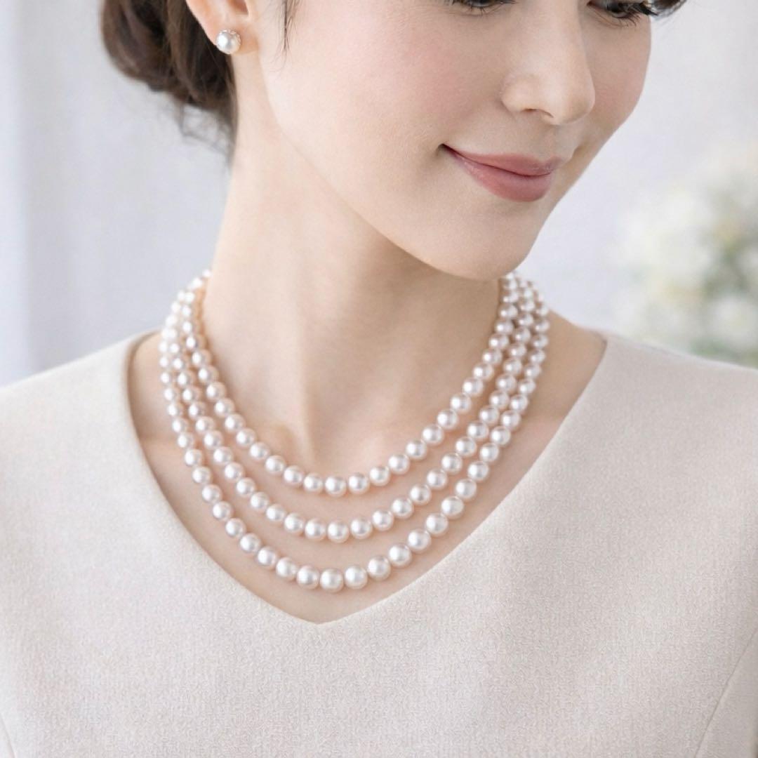希少✨2連3連　約6.5mmあこや本真珠　120cmロングパールネックレス
