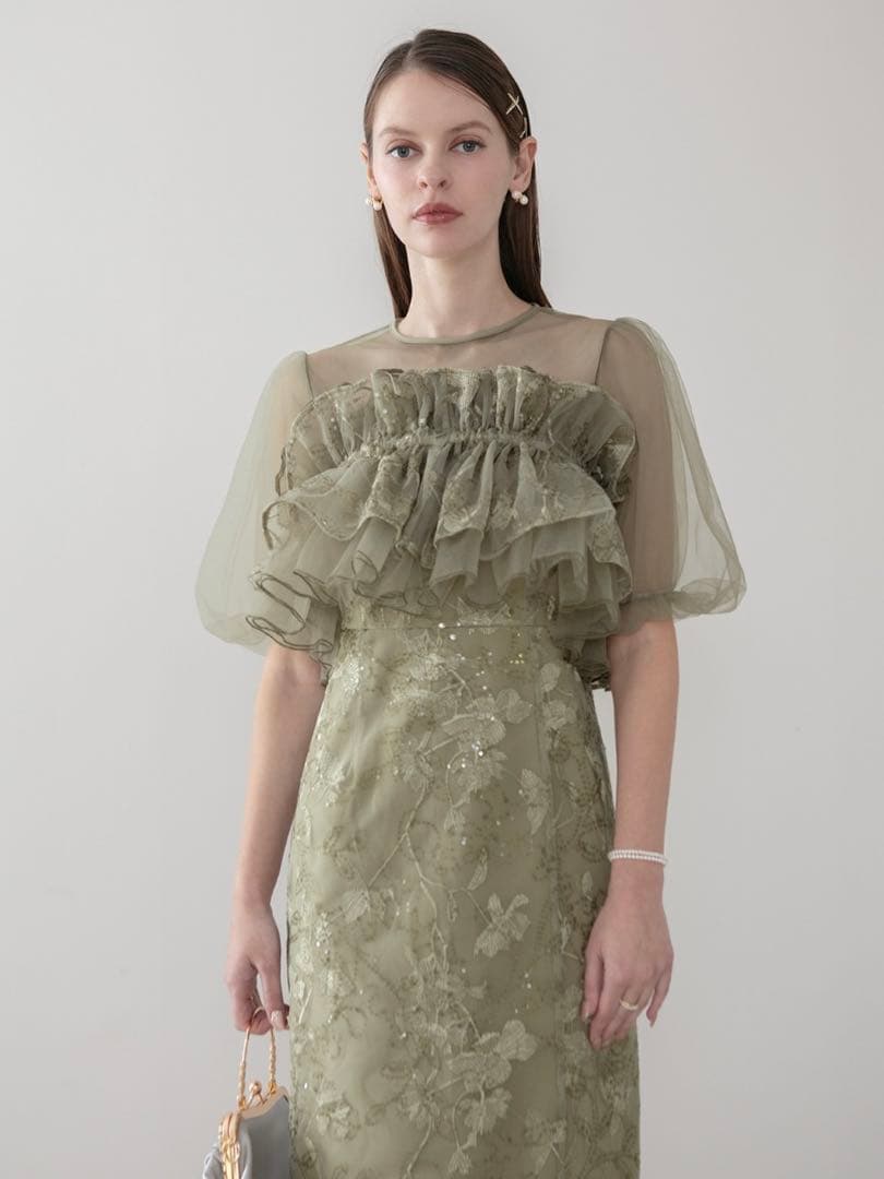 3WAYチュールラッフルフラワースパンコールIラインワンピースドレス結婚式二次会