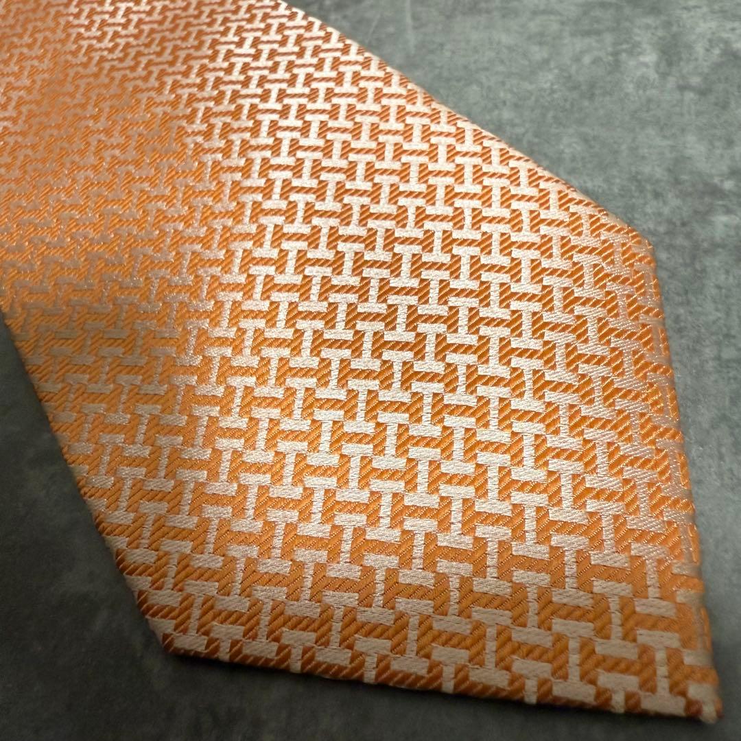 【✨極美品✨】 HERMES エルメス ネクタイ オレンジ H柄 ファソネ 光沢