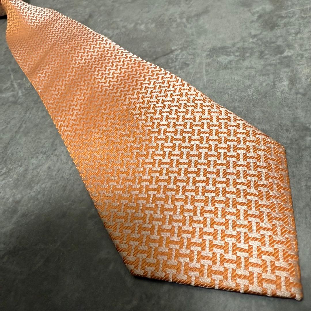 【✨極美品✨】 HERMES エルメス ネクタイ オレンジ H柄 ファソネ 光沢
