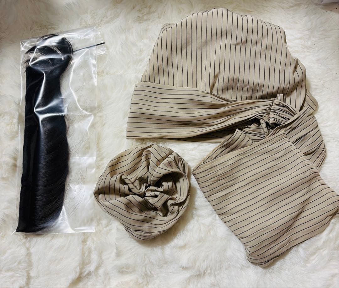 BAREN バレン　ウィッグ付きケア帽子　スカーフハットストライプベージュ