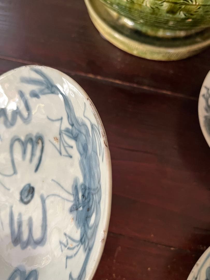 中国骨董　明代 青花 染付 龍紋皿 ショウ州 呉州染付 スワトウ 古染付 6寸皿