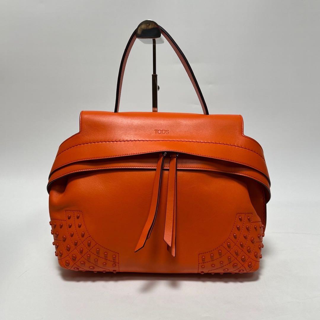 t23【極美品】保存袋付　トッズ　ウェーブ　スタッズ　レザー2wayショルダー.