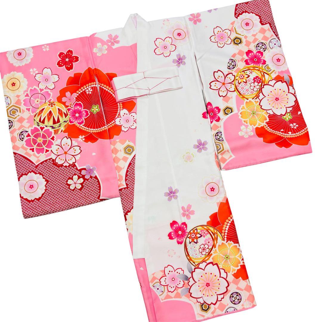 【新品未使用】新柄現代物 お宮参り 産着 合繊 洗える着物 祝着 白 ピンク