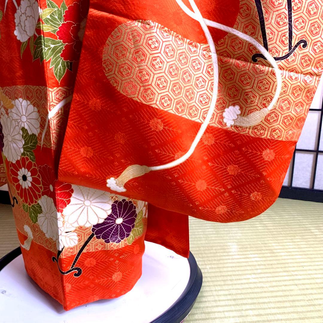 s*m様 【美品】振袖　正絹100% 5点　フルセット　身丈159cm 花車　橙