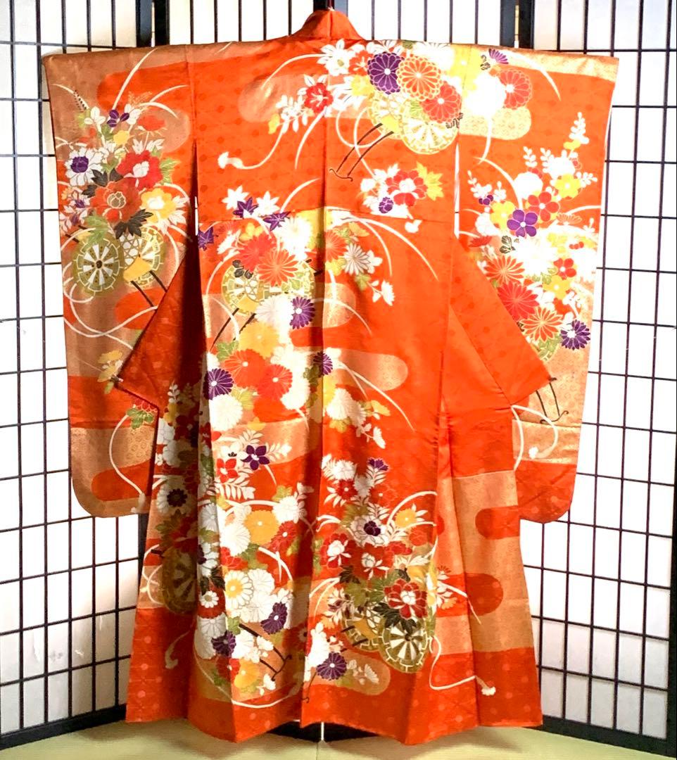 s*m様 【美品】振袖　正絹100% 5点　フルセット　身丈159cm 花車　橙