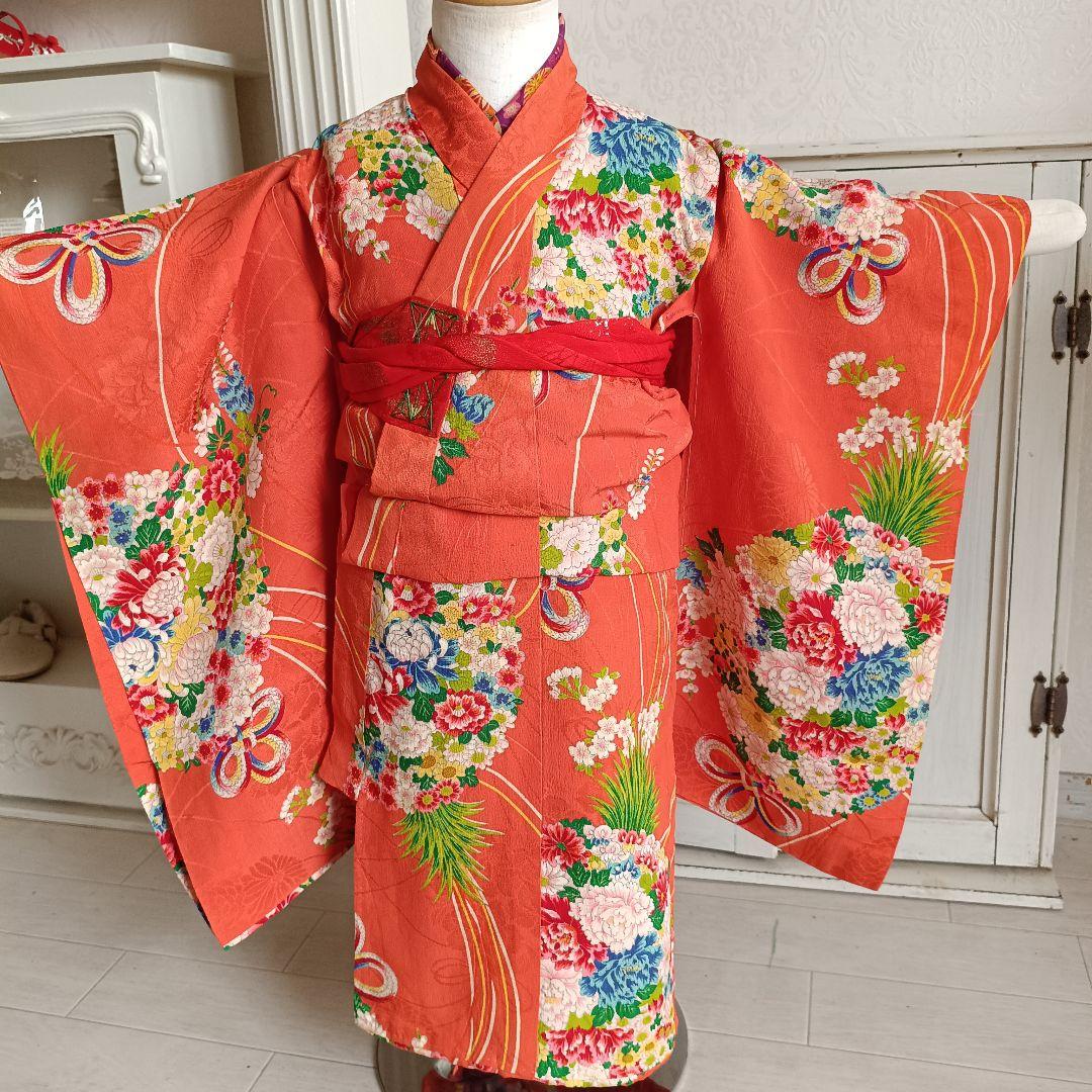 アンティークオレンジに花薬玉の着物と作り帯☆2歳から3歳