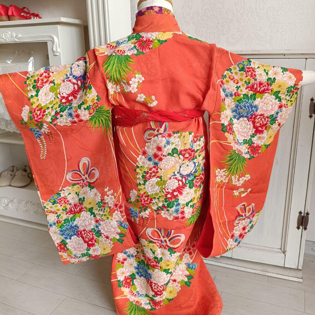 アンティークオレンジに花薬玉の着物と作り帯☆2歳から3歳