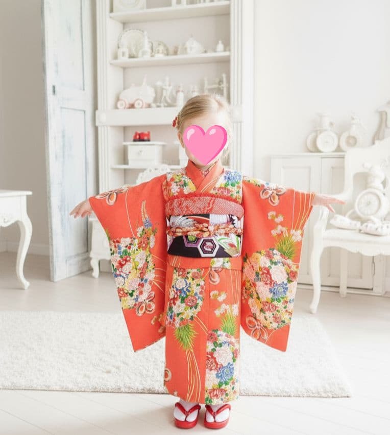 アンティークオレンジに花薬玉の着物と作り帯☆2歳から3歳