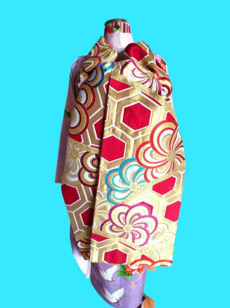 赤に亀甲模様のだらりの帯☆作り帯