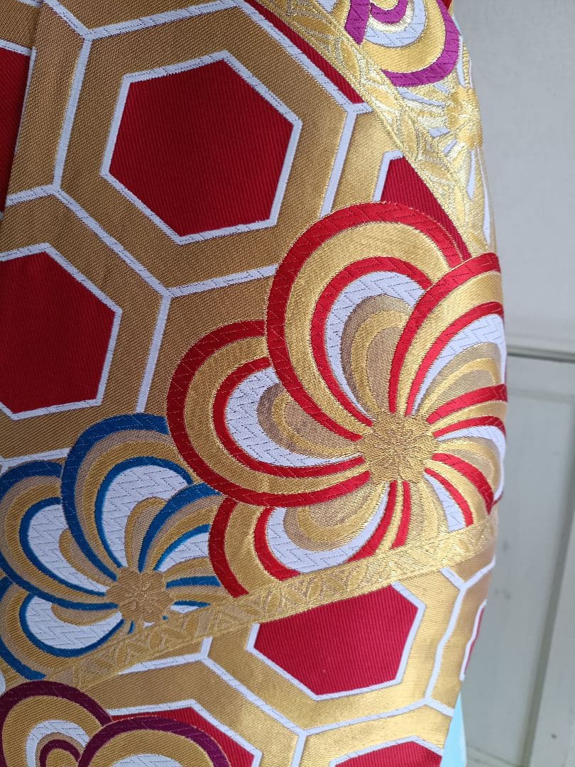 赤に亀甲模様のだらりの帯☆作り帯