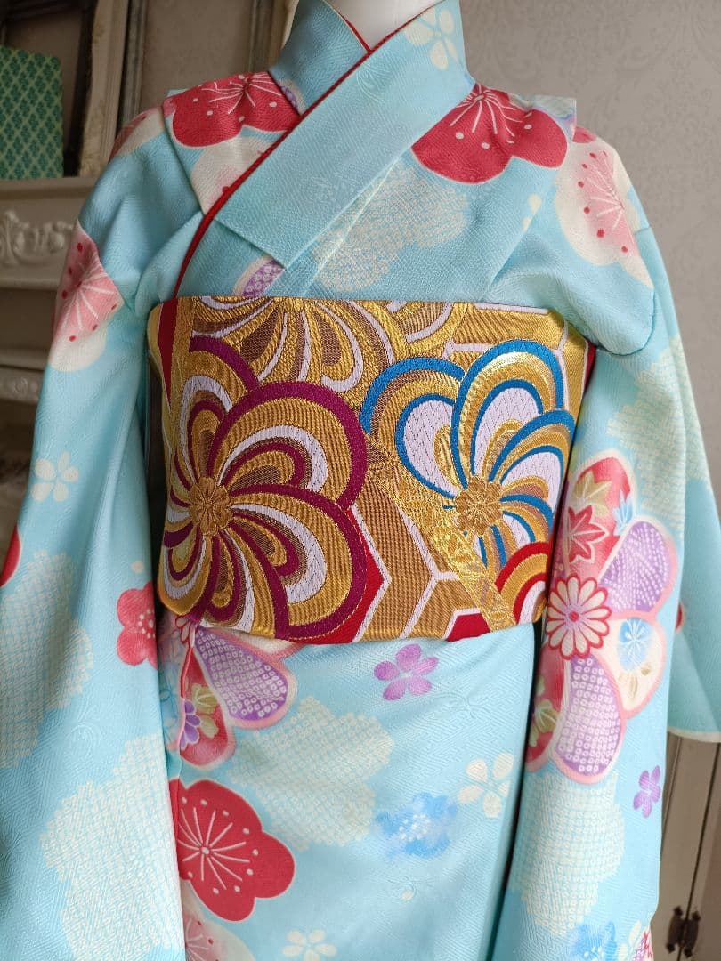 赤に亀甲模様のだらりの帯☆作り帯