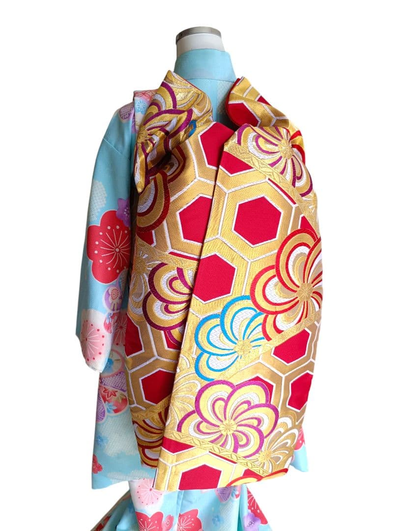 赤に亀甲模様のだらりの帯☆作り帯