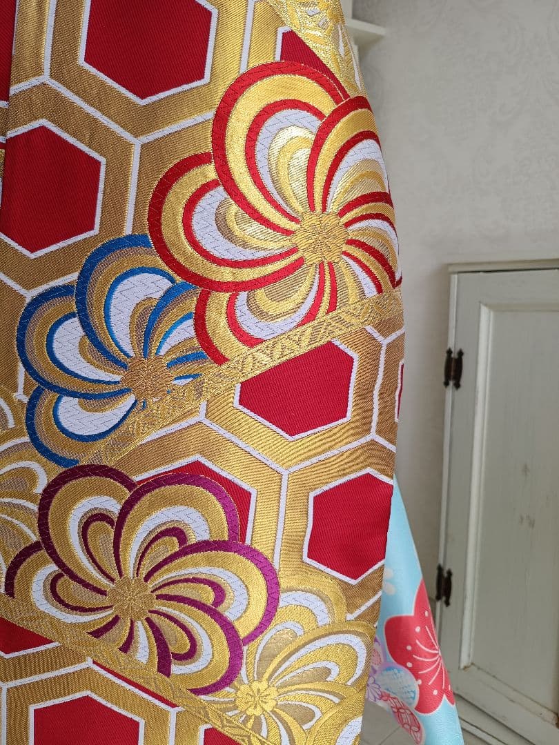 赤に亀甲模様のだらりの帯☆作り帯