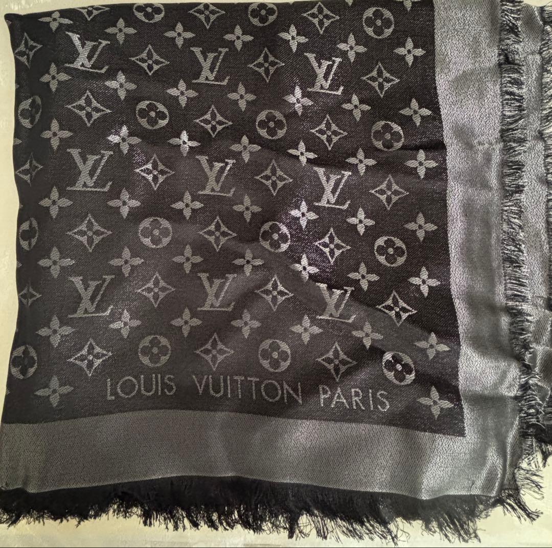 未使用 ルイヴィトンモノグラムショール　フリンジ ストール マフラー ブラック