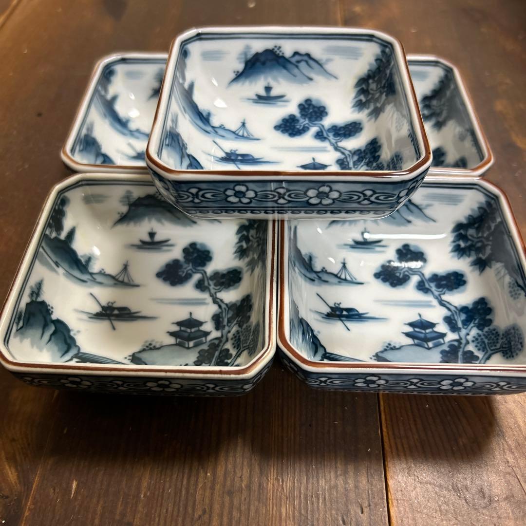 前畑陶器　庫山窯　染付山水画　角皿揃　八角皿　小皿5枚　銘々皿5枚　①