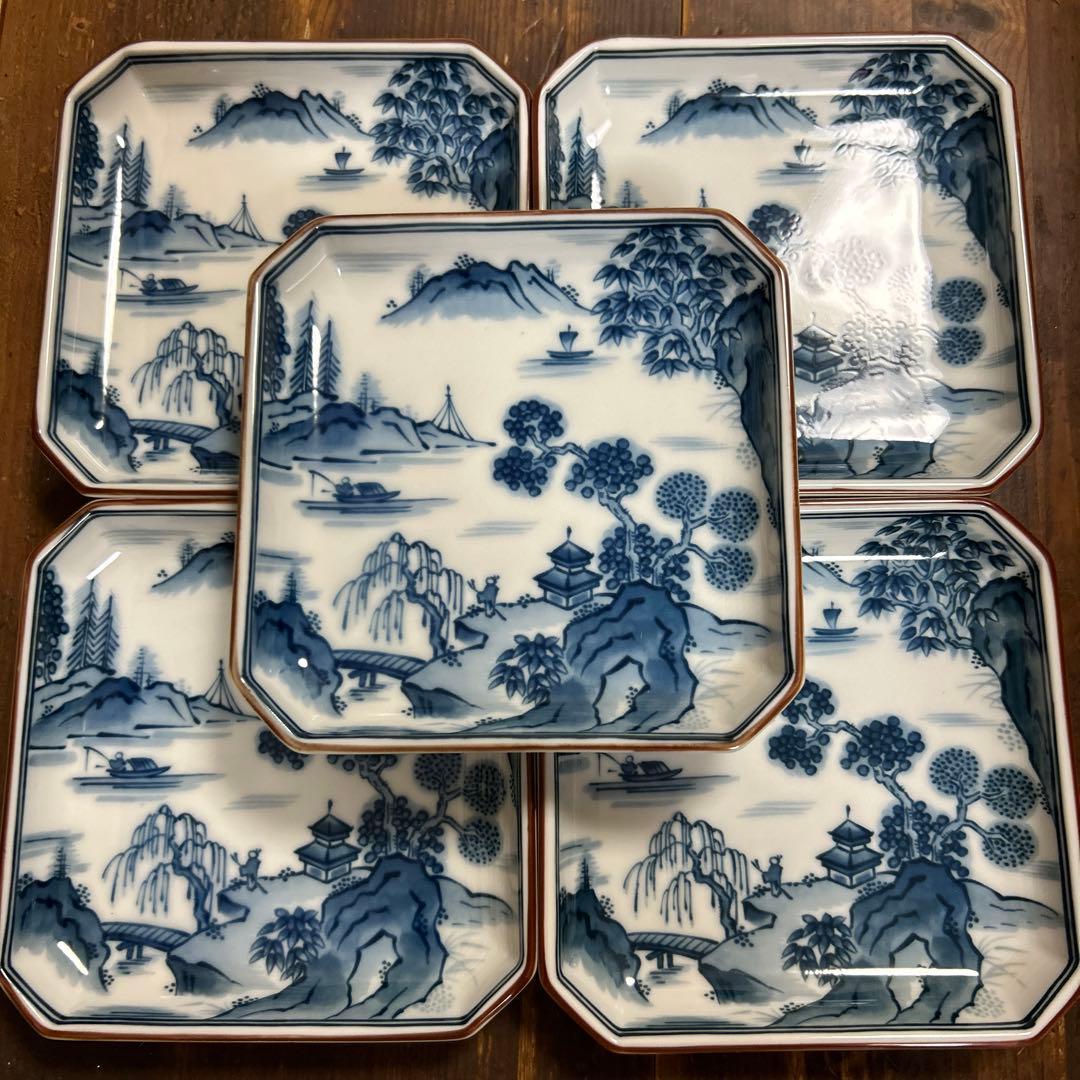 前畑陶器　庫山窯　染付山水画　角皿揃　八角皿　小皿5枚　銘々皿5枚　①