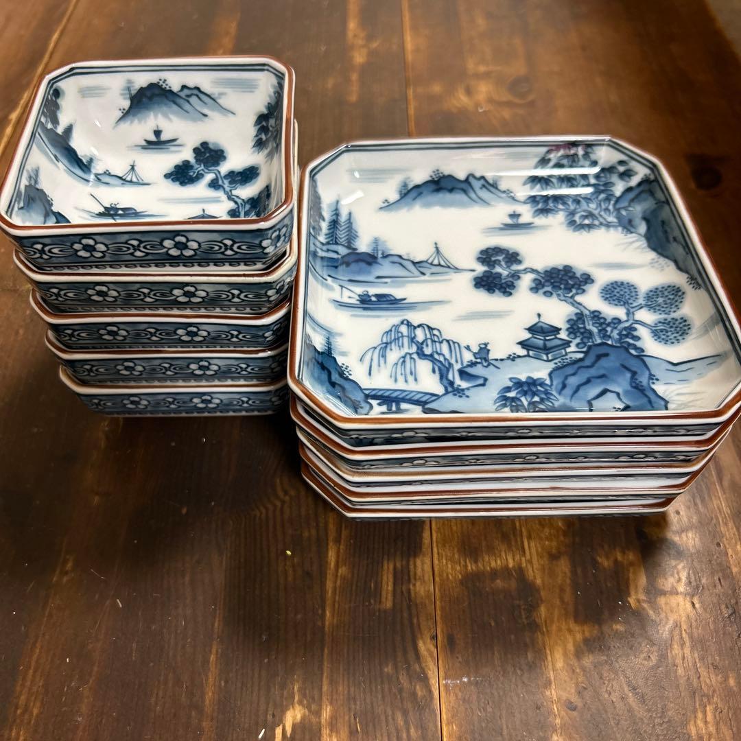 前畑陶器　庫山窯　染付山水画　角皿揃　八角皿　小皿5枚　銘々皿5枚　①
