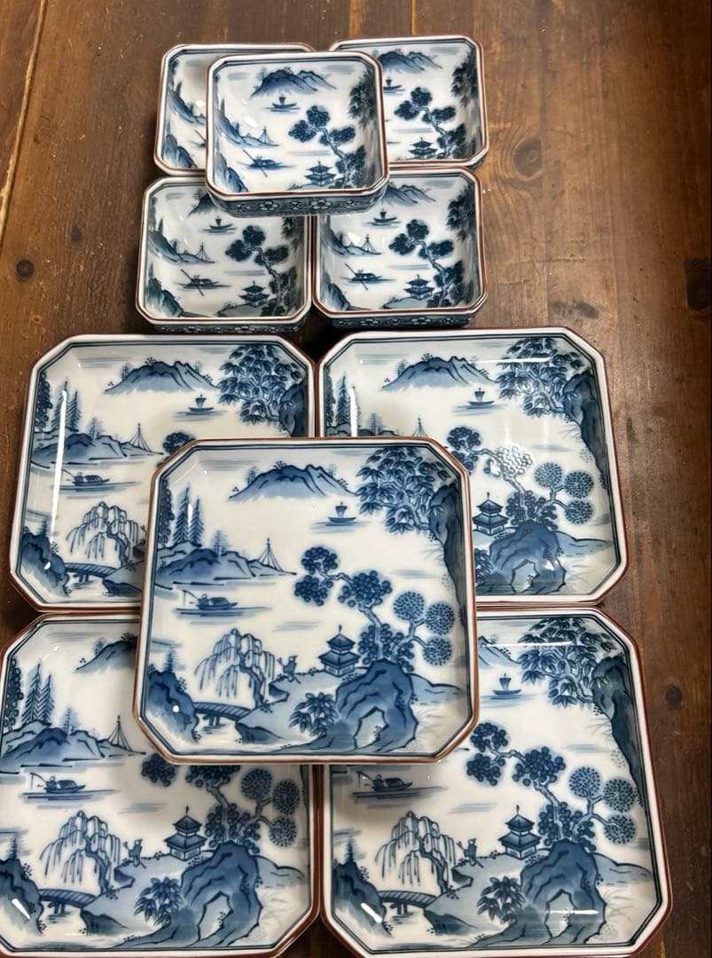 前畑陶器　庫山窯　染付山水画　角皿揃　八角皿　小皿5枚　銘々皿5枚　①