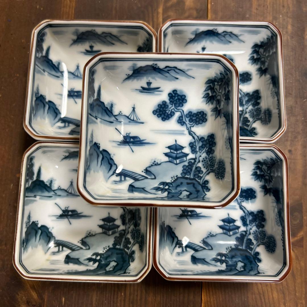前畑陶器　庫山窯　染付山水画　角皿揃　八角皿　小皿5枚　銘々皿5枚　①