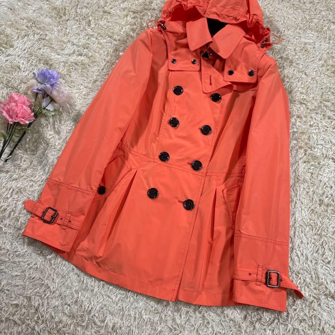 美品　バーバリーロンドン　ノバチェック　フード取り外し　トレンチコート　オレンジ