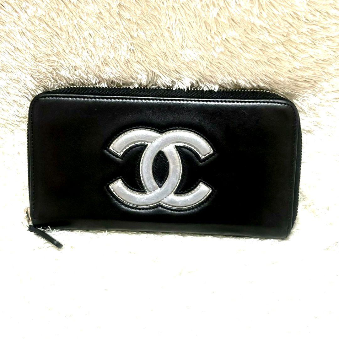 シャネル ラウンドファスナー 長財布 カーフスキン ココマーク ギャランティ付き