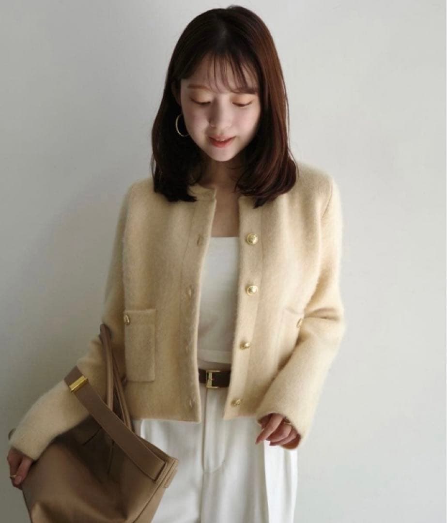 anuans カシミヤブレンドノーカラーニットジャケット イエローベージュ