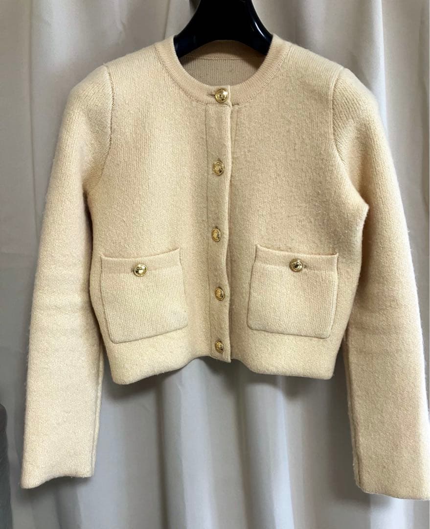 anuans カシミヤブレンドノーカラーニットジャケット イエローベージュ