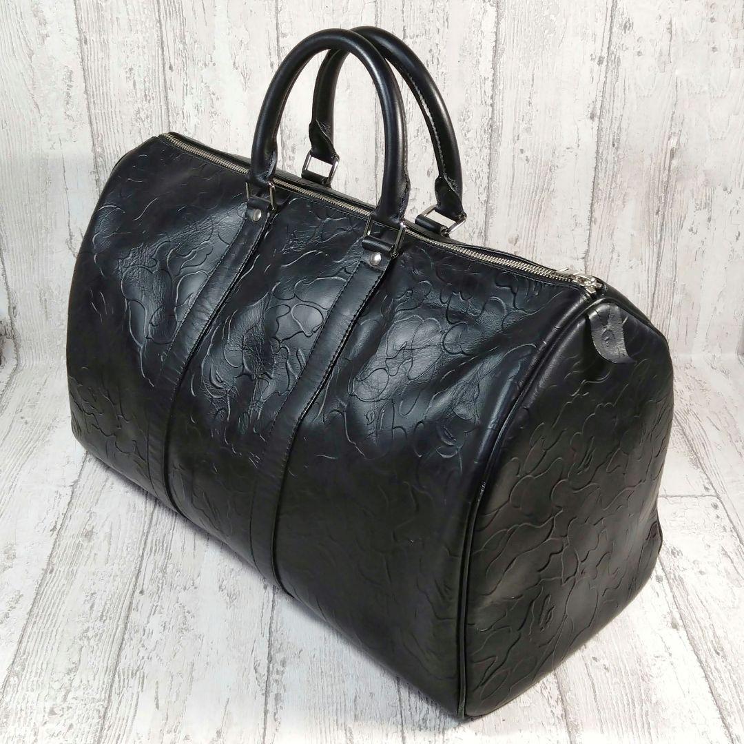型押しレザー 高級ボストンバッグ BAPE☆中古品