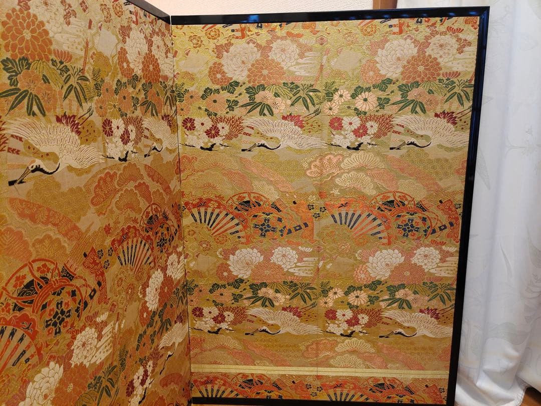 屏風　仕切り　二枚折　 パーテーション　 衝立　鶴図　金糸　西陣織　風炉先屏風